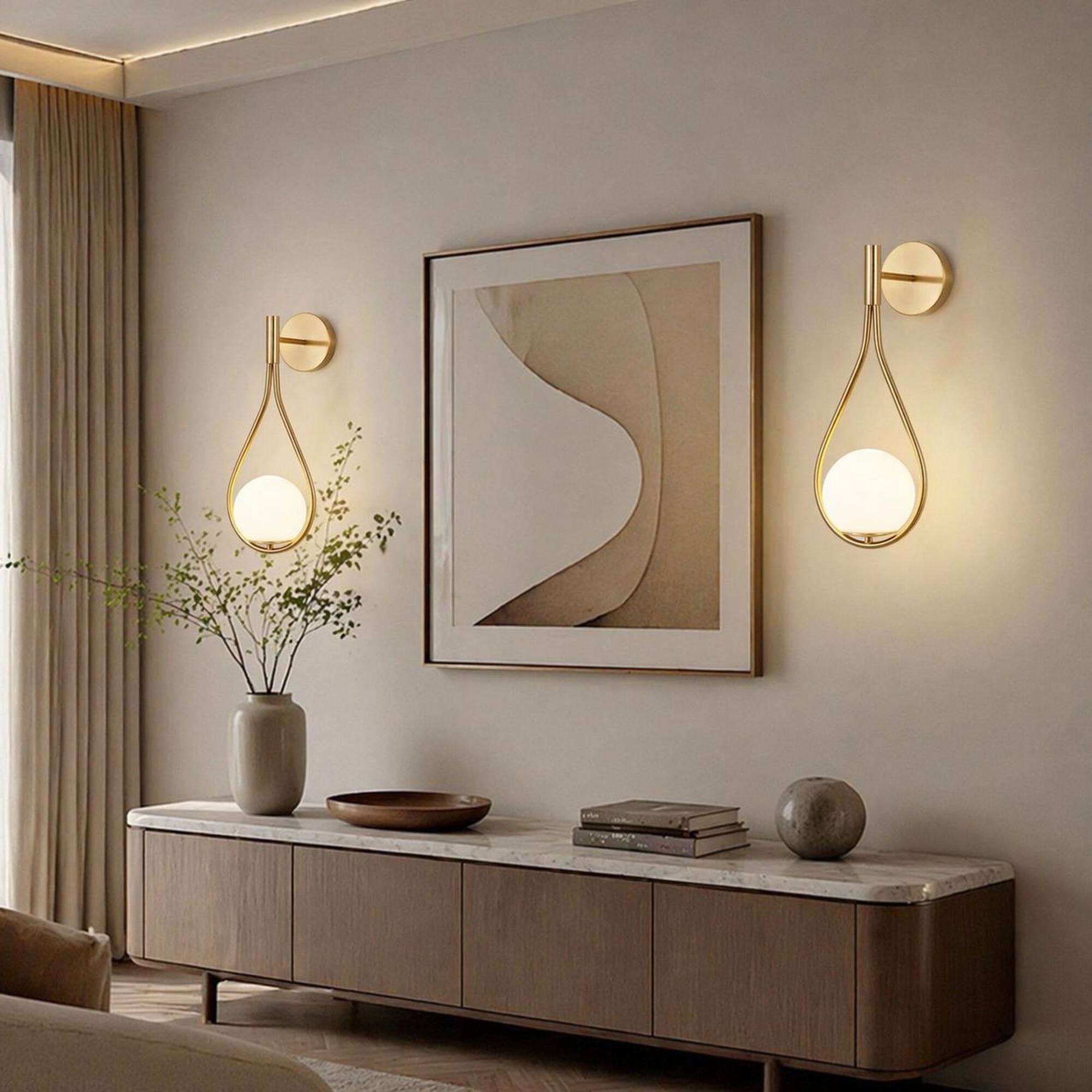 Left. RYHNUYNE - Pair of Mid-Century Modern Gold Wall Sconces with Frosted Glass Globes, Warm Ambient Lighting for Bedroom, Living Room.