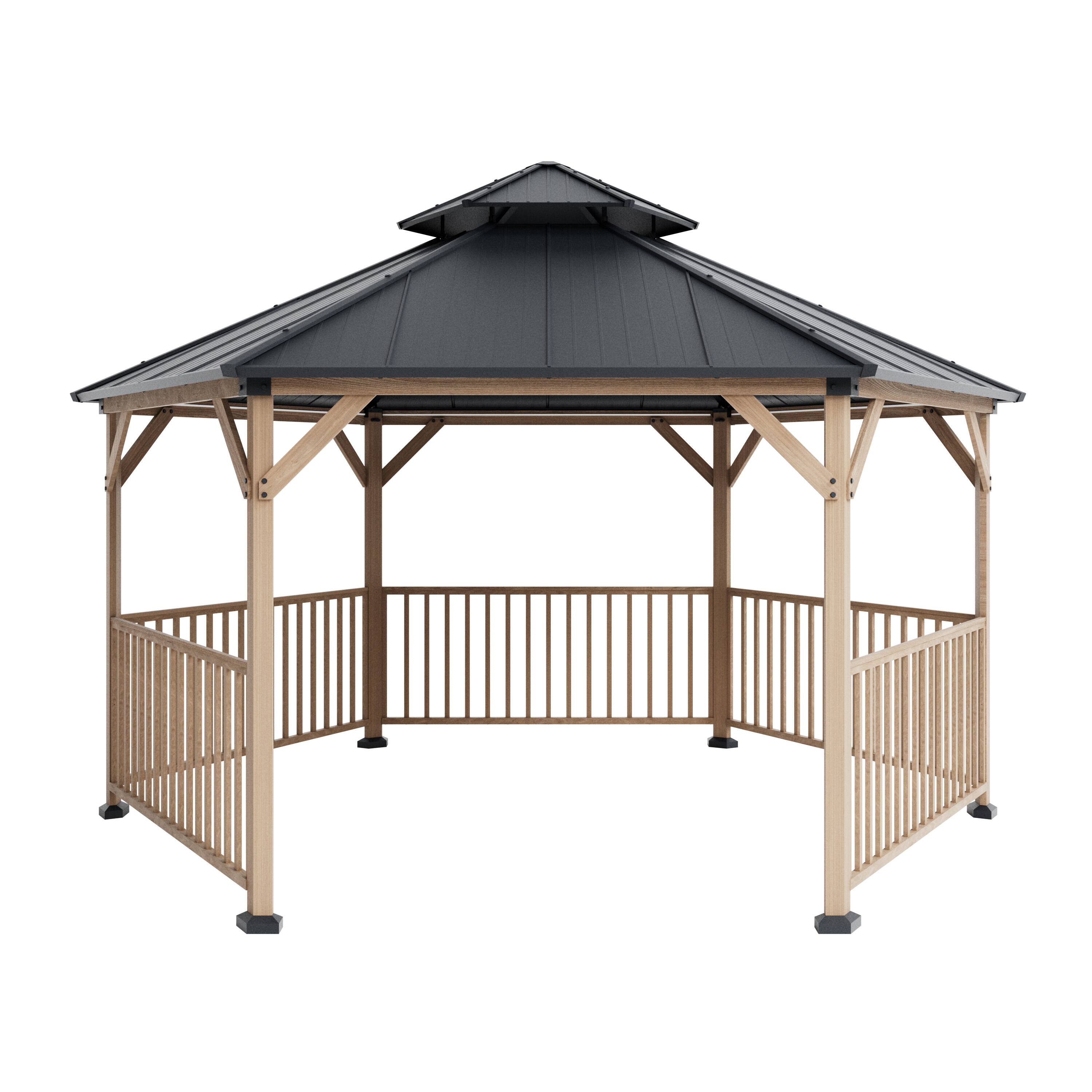 Left. Mondawe - 15Ft Hexagonal Hardtop Gazebo with Solar LED Light and Modular Safety Fence - Gray.