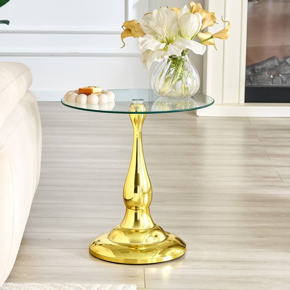 Back. Loheer - Loheer Small Metal Side Table Round Glass Top Gold End Table - Gold.