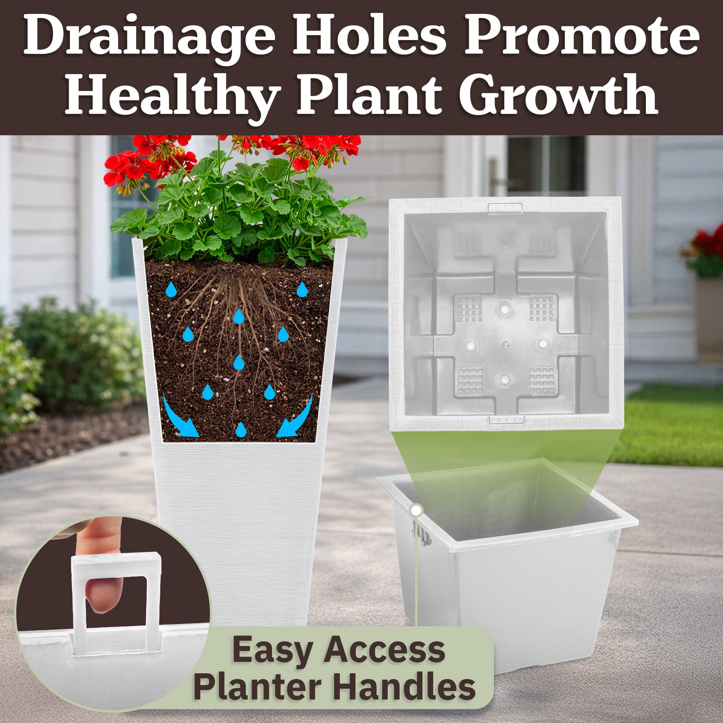Drainage Holes Promote Healthy Plant Growth

Easy Access Planter Handles