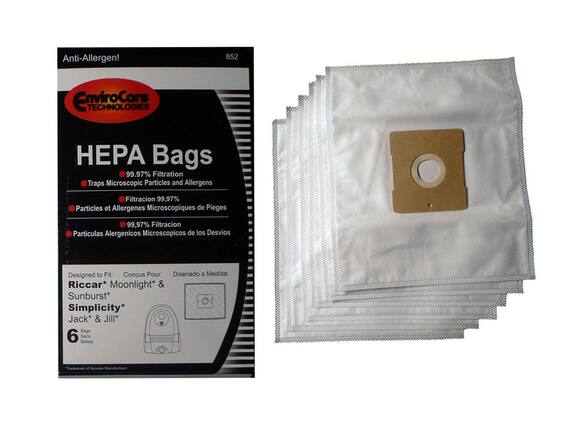 Anti-Allergen!
852 EnviroCore TECHNOLOGIES HPA Bags
99.97% Filtration Traps Microscopic Particles and Allergens
Filtracion 99,97% Particles et Allergenes Microscopiques de Pieges
Filtracion Particulas Alergenicos Microscopicos de los Desvios
Designed to Fit: Concus Pour: Disenado a Medida:
Riccar* Moonlight* & Sunburst* Simplicity* Jack* & Jill*
Bags 6 Sacs Bolsas
