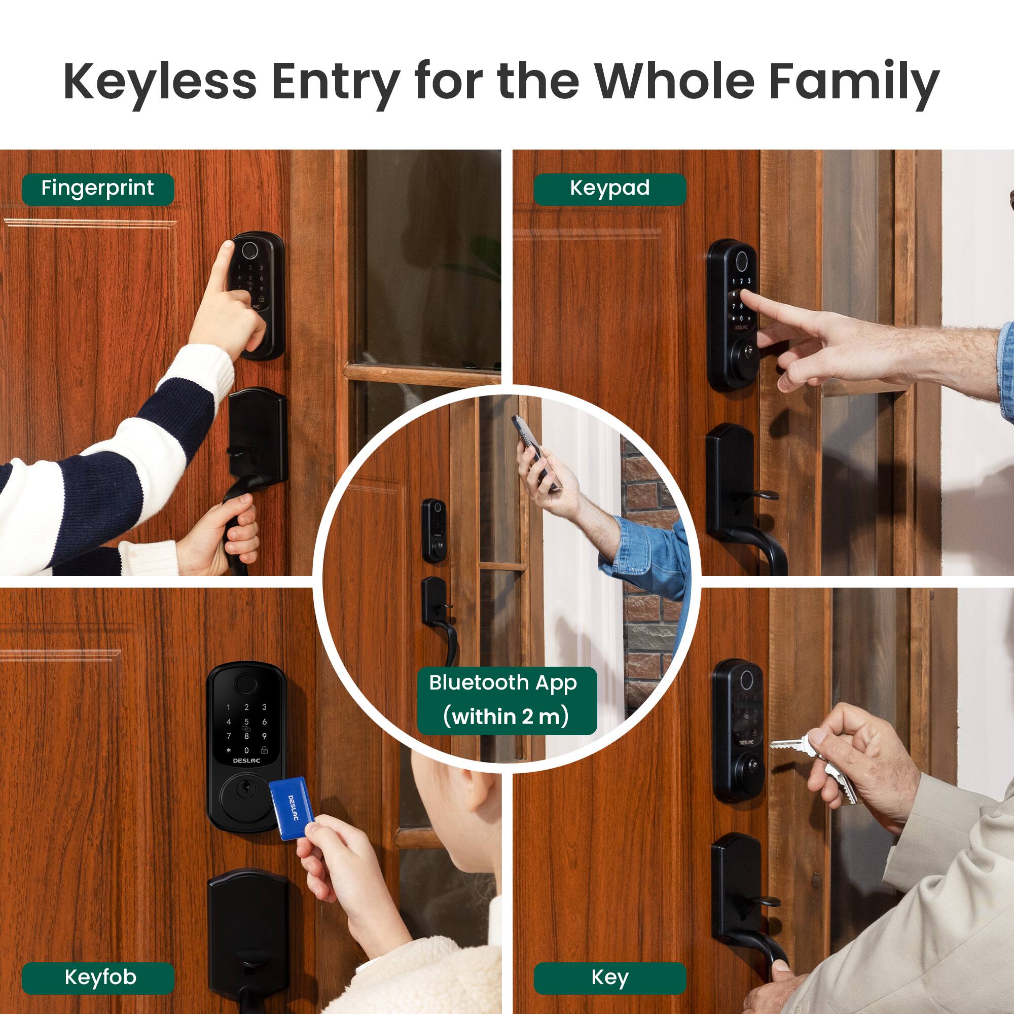 Keyless Entry for the Whole Family

- Fingerprint
- Keypad
- Bluetooth App (within 2 m)
- Keyfob
- Key