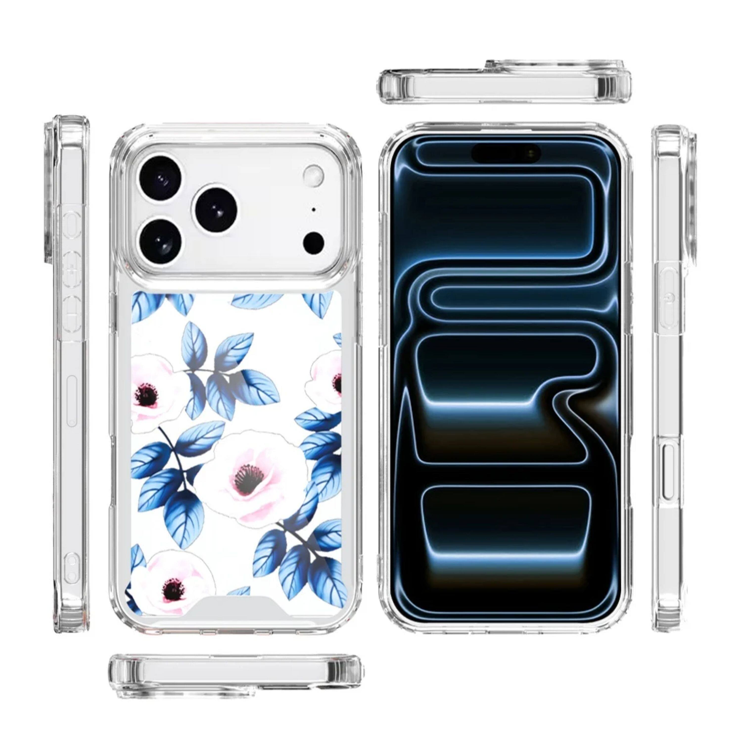 Angle. Kitcheniva - Blue Leaves And Pink Florals Design Clear TPU Phone Case With Tempered Glass For iPhone 17 Pro Max - Multicolor.