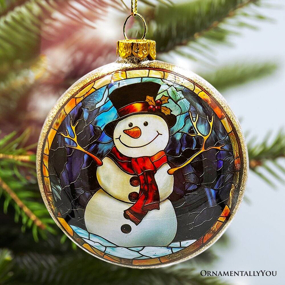 Left. OrnamentallyYou - Festive Snowman Stained Glass Christmas Ornament - Multi-colored.