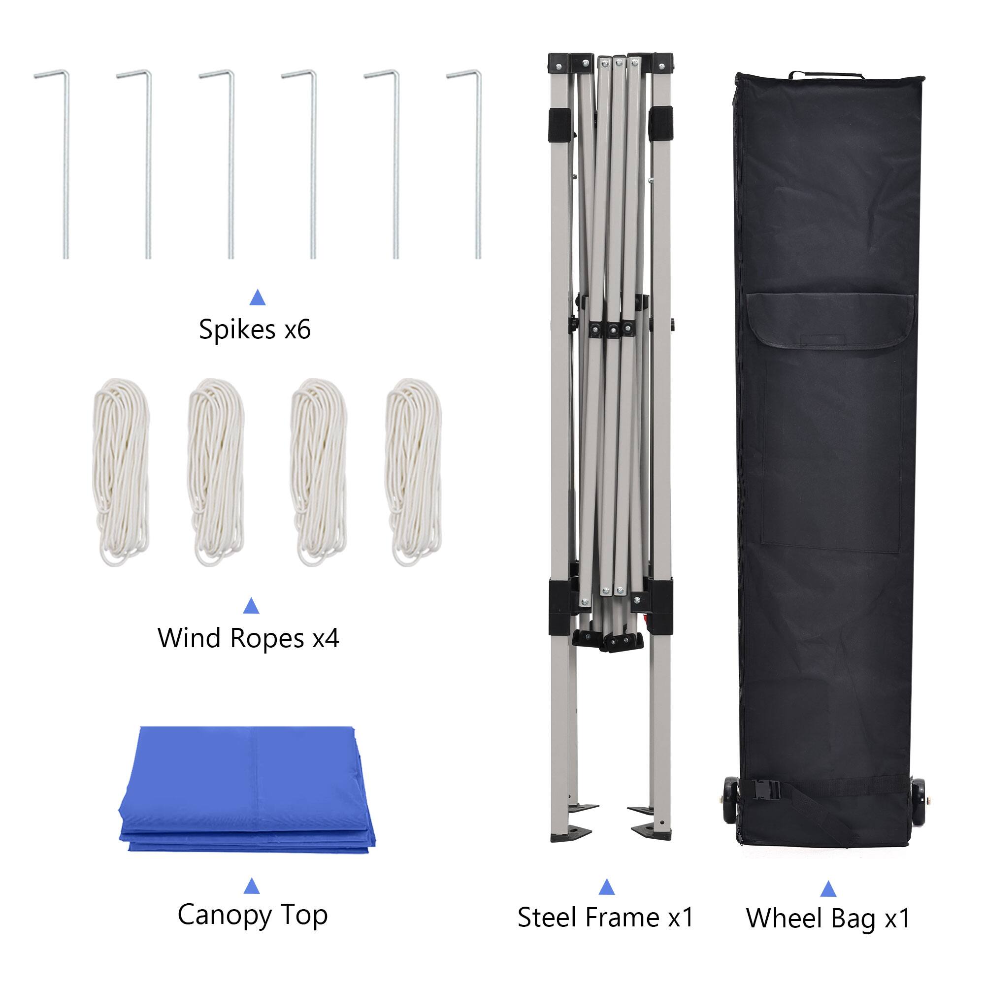 Spikes x6, Wind Ropes x4, Canopy Top, Steel Frame x1, Wheel Bag x1