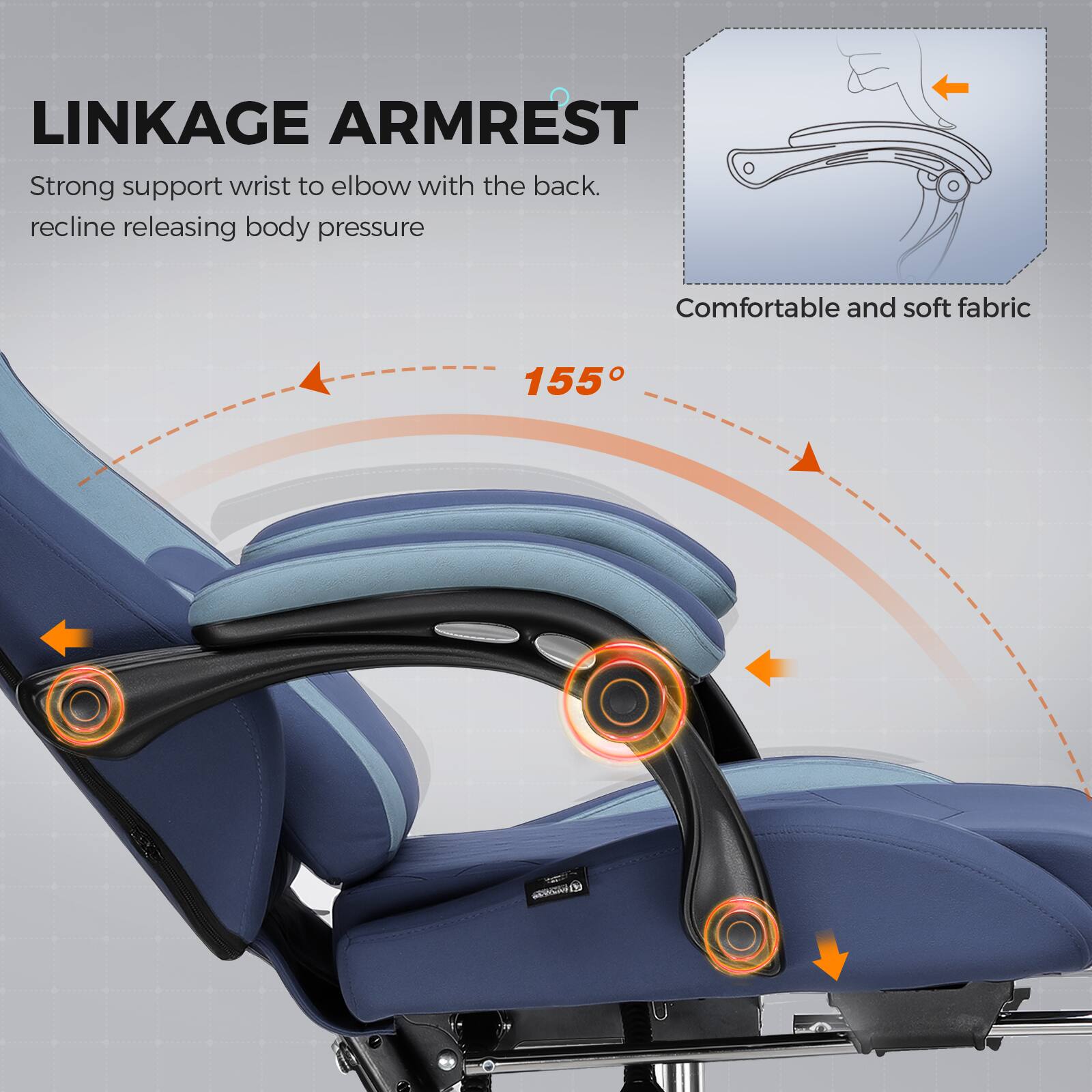 LINKAGE ARMREST

Strong support wrist to elbow with the back. recline releasing body pressure

Comfortable and soft fabric

155°