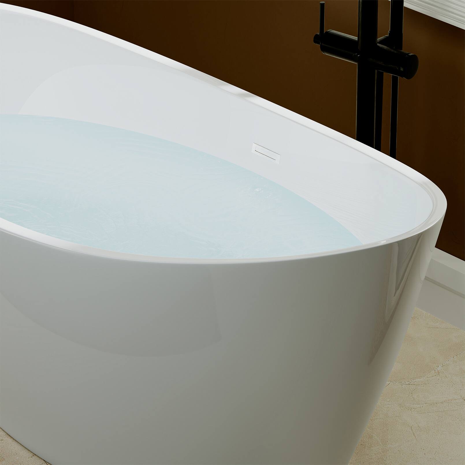 Back. Empava - 59 in. x 29.5 in. Freestanding Flat Bottom Bath Tub Oval Soaking Bathtub with Center Drain - White.