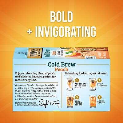 **BOLD + INVIGORATING**

**Cold Brew Peach**

Enjoy a refreshing blend of peach and black tea flavors, perfect for meals or anytime.

**Refreshing iced tea in just minutes!**

1. ADD TEA BAG TO 12 OZ COLD WATER
2. STEEP 5 MINUTES
3. STIR GENTLY
4. ADD ICE
5. REMOVE TEA BAG & ENJOY!

"Our master blenders have perfected the art of delivering a refreshing glass of iced tea in just minutes. Made with real tea leaves, our unique blend delivers the same full-bodied taste as fresh-brewed iced tea, prepared in 5 minutes."

Stephen Twining  
Master Blender  
6th Generation, Twining Family