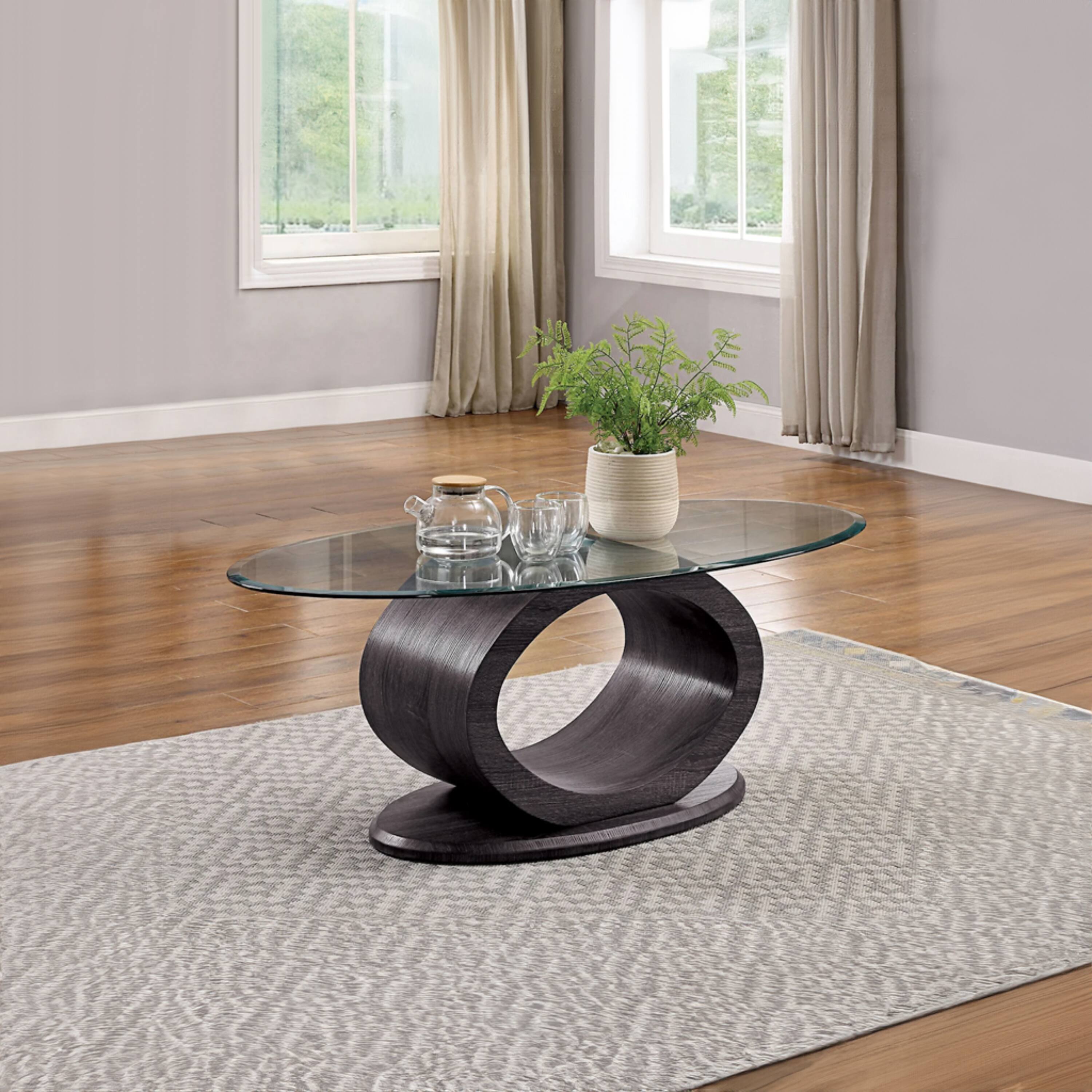 Alt View 5. Manhattan Lane - Tempered Glass Top Coffee Table with O Shape Wooden Shape Base - Gray.