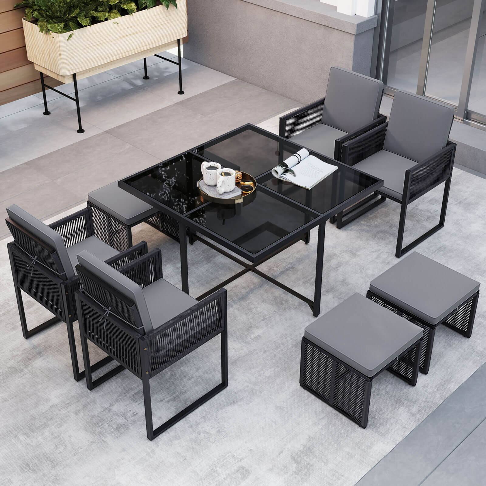 Alt View 3. Costway - Costway 9 PCS Patio Dining Set with PE Rattan Chairs Tempered Glass Table and Ottomans - Black.