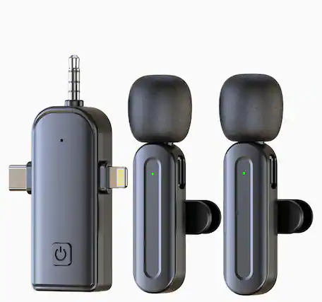 Front. Cluzine - 3-in-1 Wireless Lavalier Microphone, 2 Mics, DSP Noise Reduction, Plug & Play for iPhone/Android/Cameras.