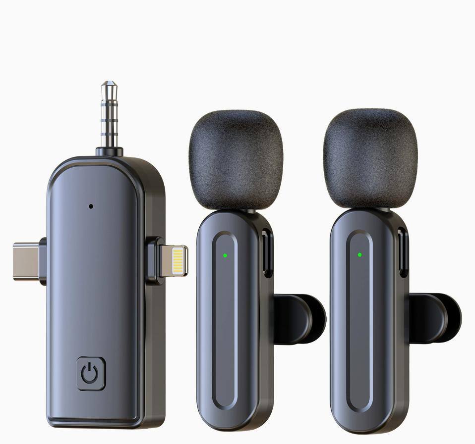 Front. Cluzine - 3-in-1 Wireless Lavalier Microphone, 2 Mics, DSP Noise Reduction, Plug & Play for iPhone/Android/Cameras.