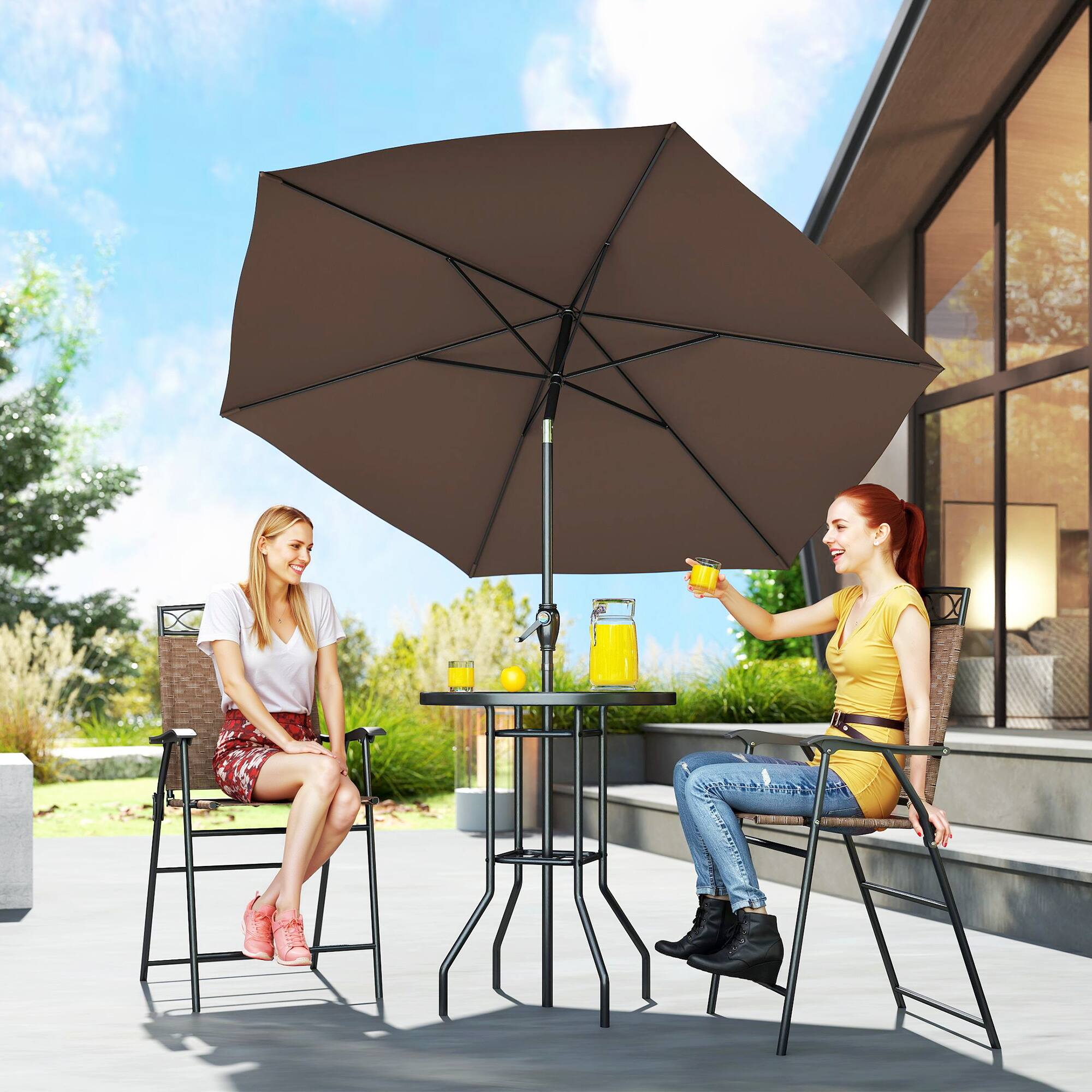 Alt View 1. Outsunny - Outdoor Table and Chairs with Umbrella Set - Brown.
