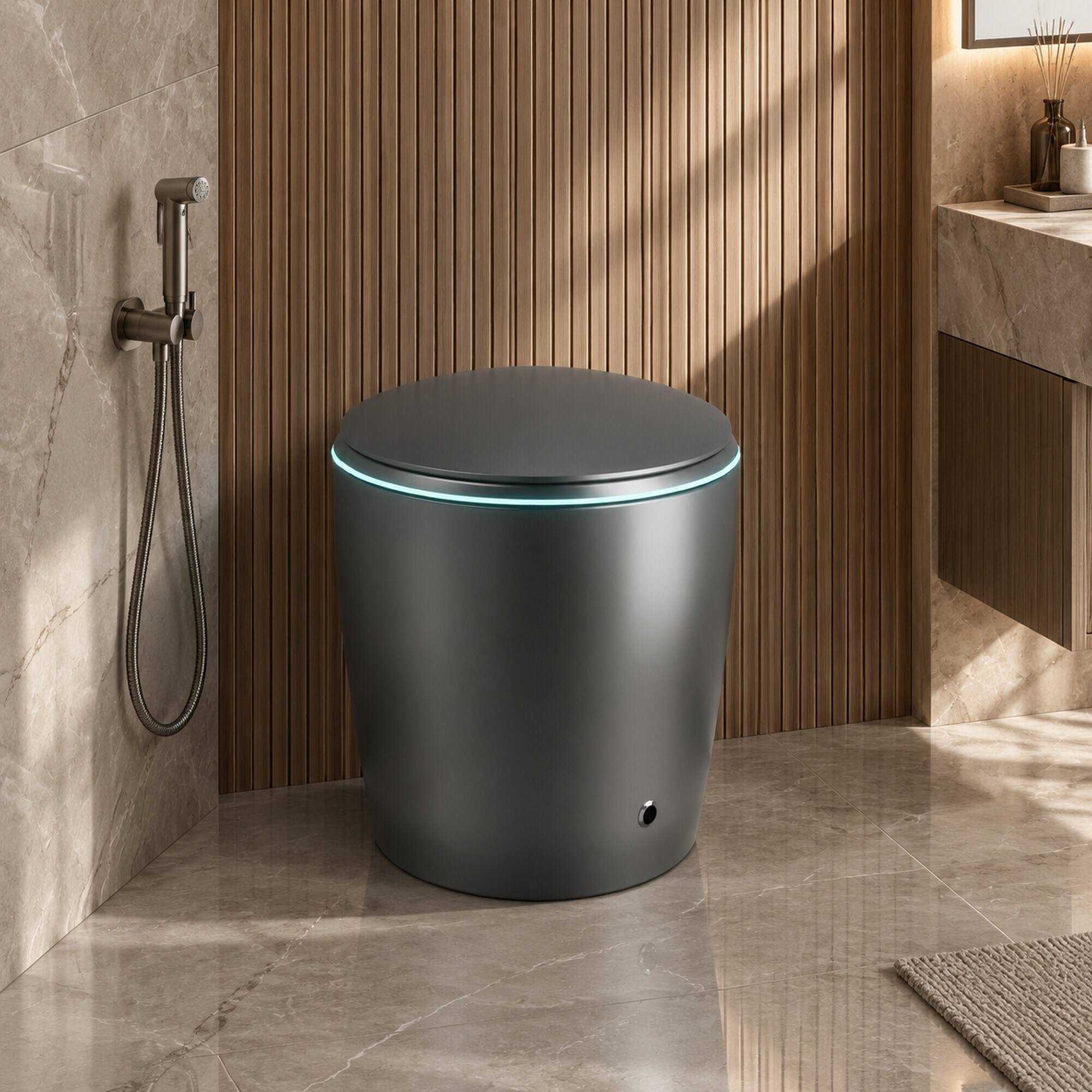 Angle. RYHNUYNE - Unique Smart Bidet Toilet With Heated Seat, Auto Open Close Foot Sensor LED Display Nightlight Warm Water Dryer In Grey - Grey.