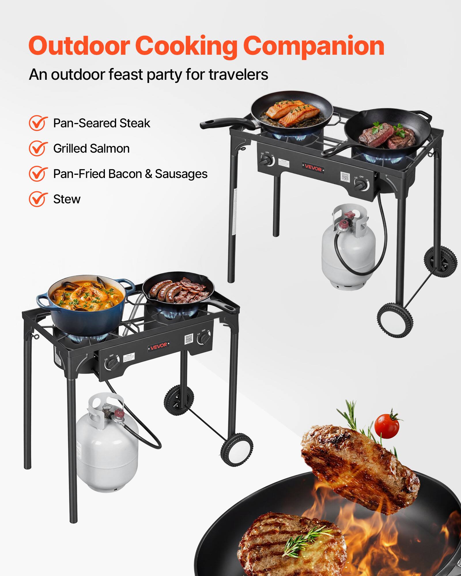 Outdoor Cooking Companion  
An outdoor feast party for travelers  

- Pan-Seared Steak  
- Grilled Salmon  
- Pan-Fried Bacon & Sausages  
- Stew  

VEVOR