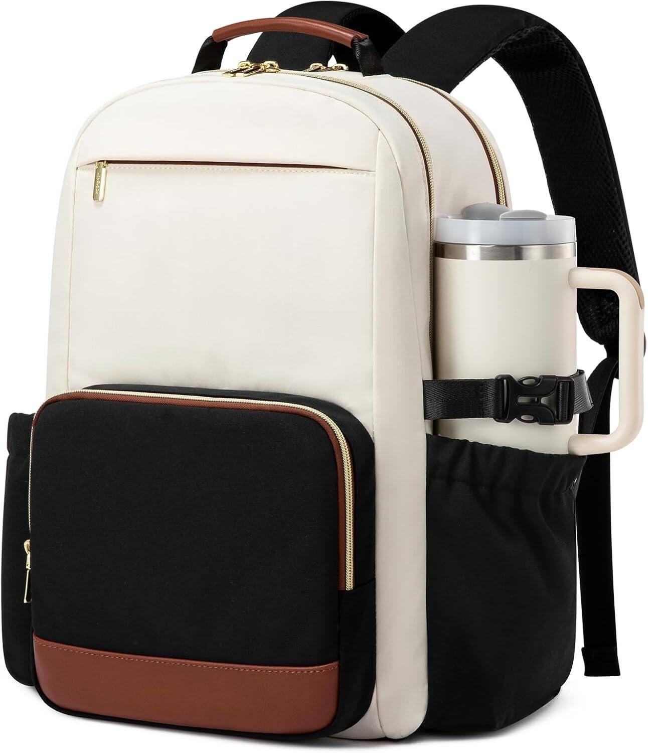 Front. ZUQIETA - ZUQIETA 15.6" Women's Waterproof Laptop Backpack with Large Cup Pocket for Work, Travel & College - Beige - Black - Chestnut Brown.