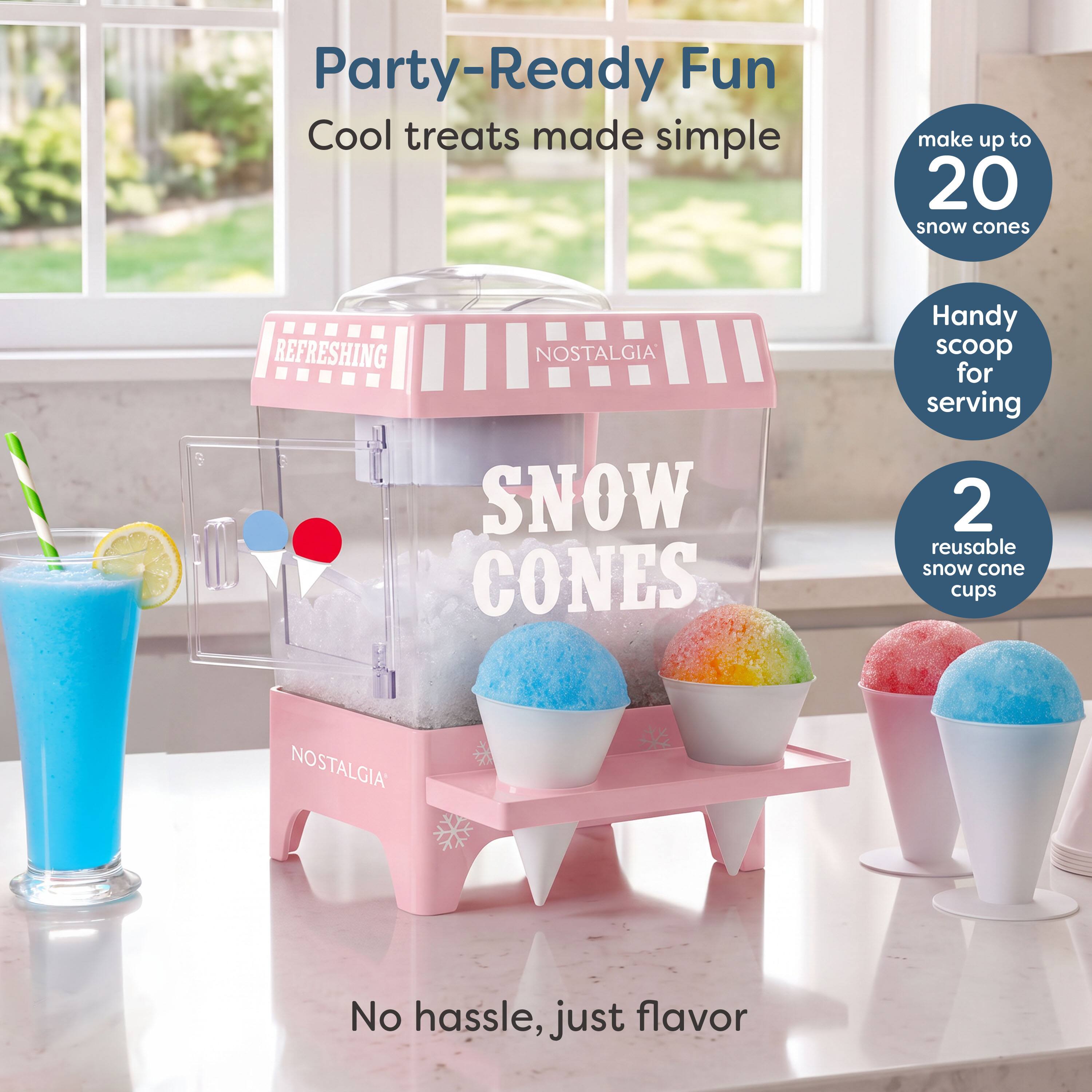 Party-Ready Fun  
Cool treats made simple  

REFRESHING NOSTALGIA SNOW CONES  

make up to 20 snow cones  
Handy scoop for serving  
2 reusable snow cone cups  

No hassle, just flavor