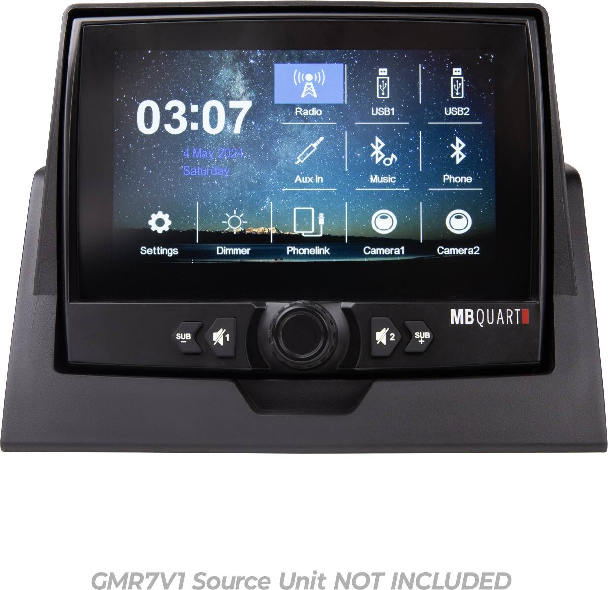 Radio 03:07 4 May 2024 Saturday Aux In USB1 Music USB2 Phone Settings Dimmer Phonelink Camera1 Camera2 SUB 1 2 SUB + MB QUART GMR7V1 Source Unit NOT INCLUDED