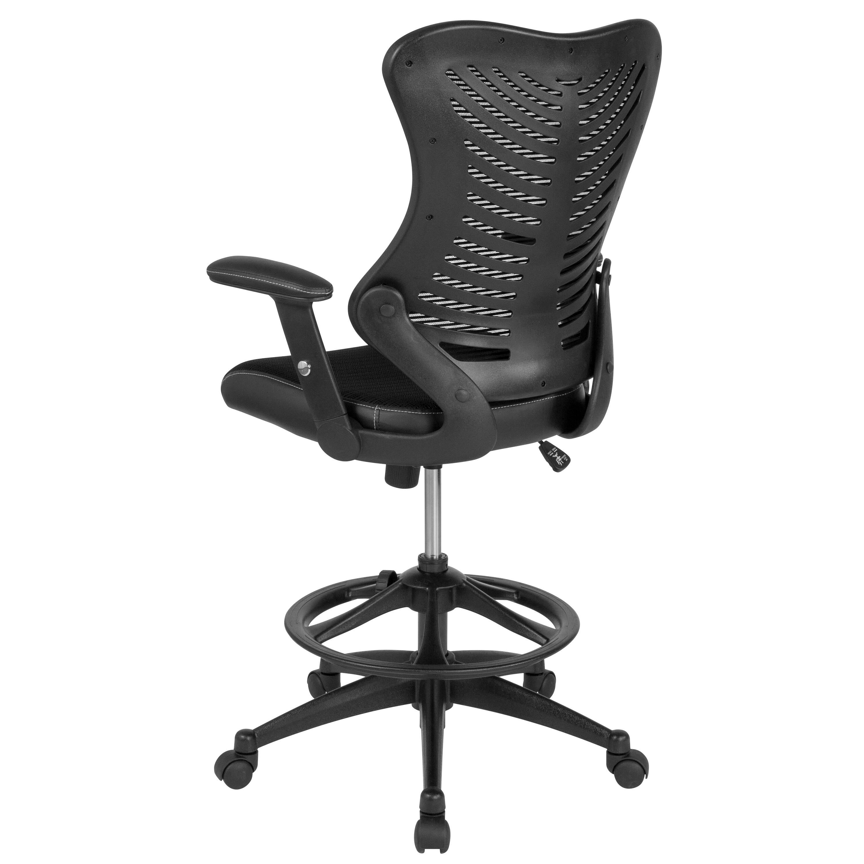 Alt View 5. Emma + Oliver - High Back Designer Mesh Drafting Chair with Leather Sides and Adjustable Arms - Black.