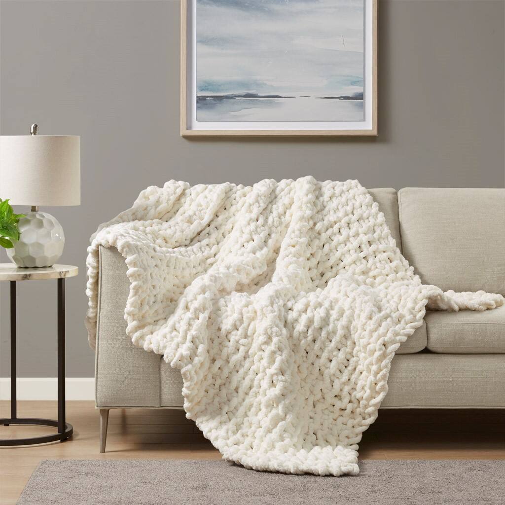 Alt View 1. Gracie Mills - Gracie Mills Dana Handmade Chenille Chunky Knit Throw Blanket - Ivory.