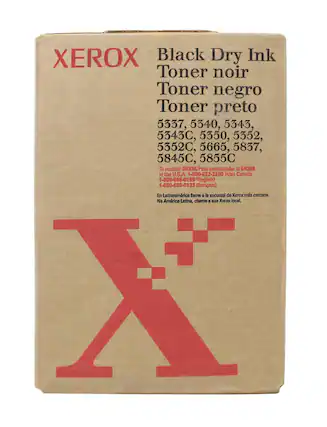 XEROX
Black Dry Ink
Toner noir
Toner negro
Toner preto
5337, 5340, 5343, 5343C, 5350, 5352, 5352C, 5665, 5837, 5845C, 5855C
To reorder 6R396/Pour commander le 6R396
in the U.S.A. 1-800-822-2200 in/au Canada 1-800-668-0199 (English) 1-800-668-0133 (français)
En Latinoamérica llame a la sucursal de Xerox más cercana.
Na América Latina, chame sua Xerox local.