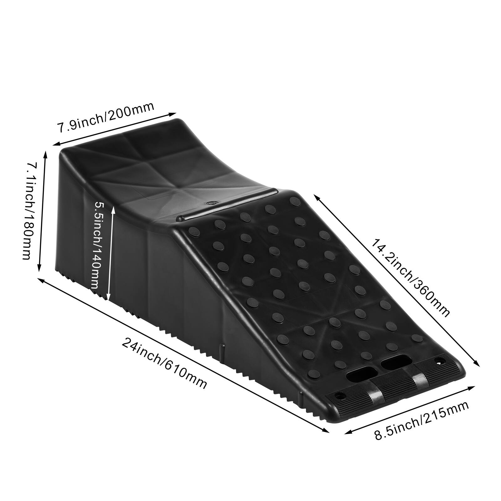 7.9 inch / 200 mm  
7.1 inch / 180 mm  
5.5 inch / 140 mm  
14.2 inch / 360 mm  
8.5 inch / 215 mm  
24 inch / 610 mm
