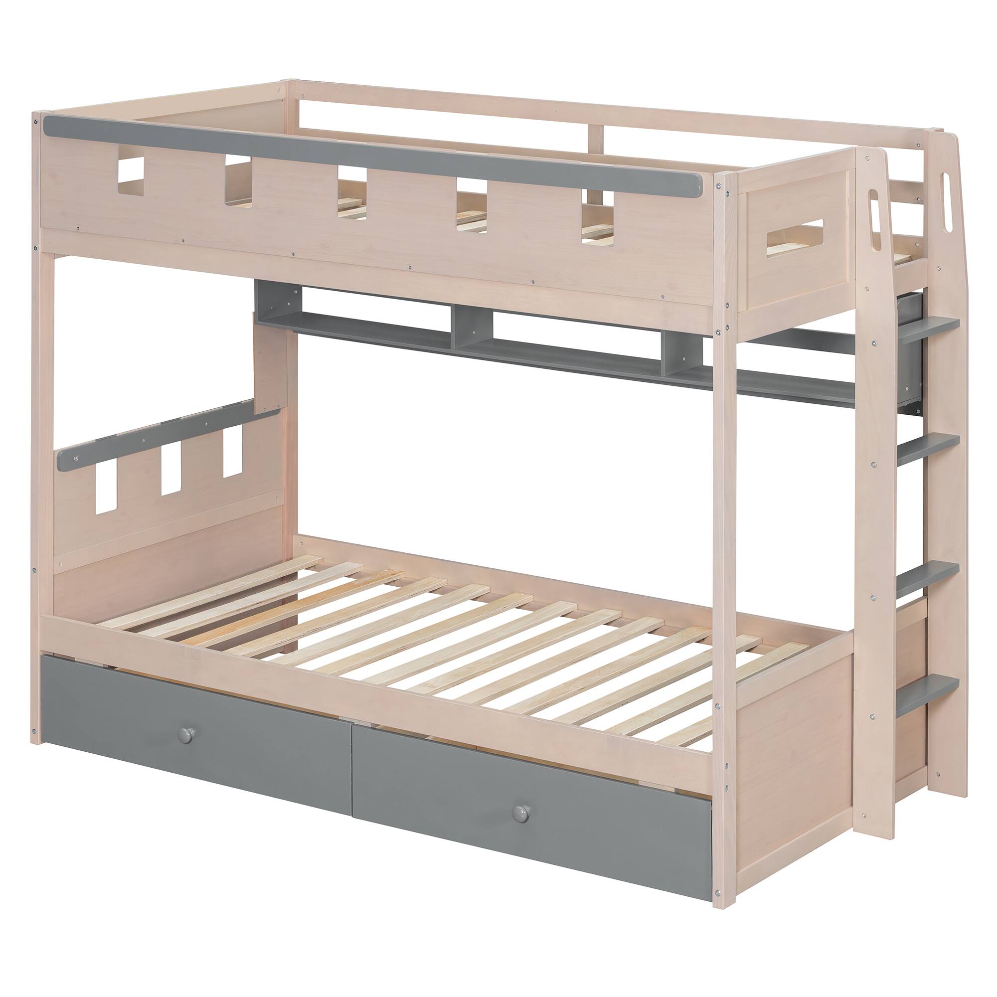 Back. Anysun - Twin Size Castle Style Bunk Bed with 2 Drawers,Shelf,and LED - Grey.