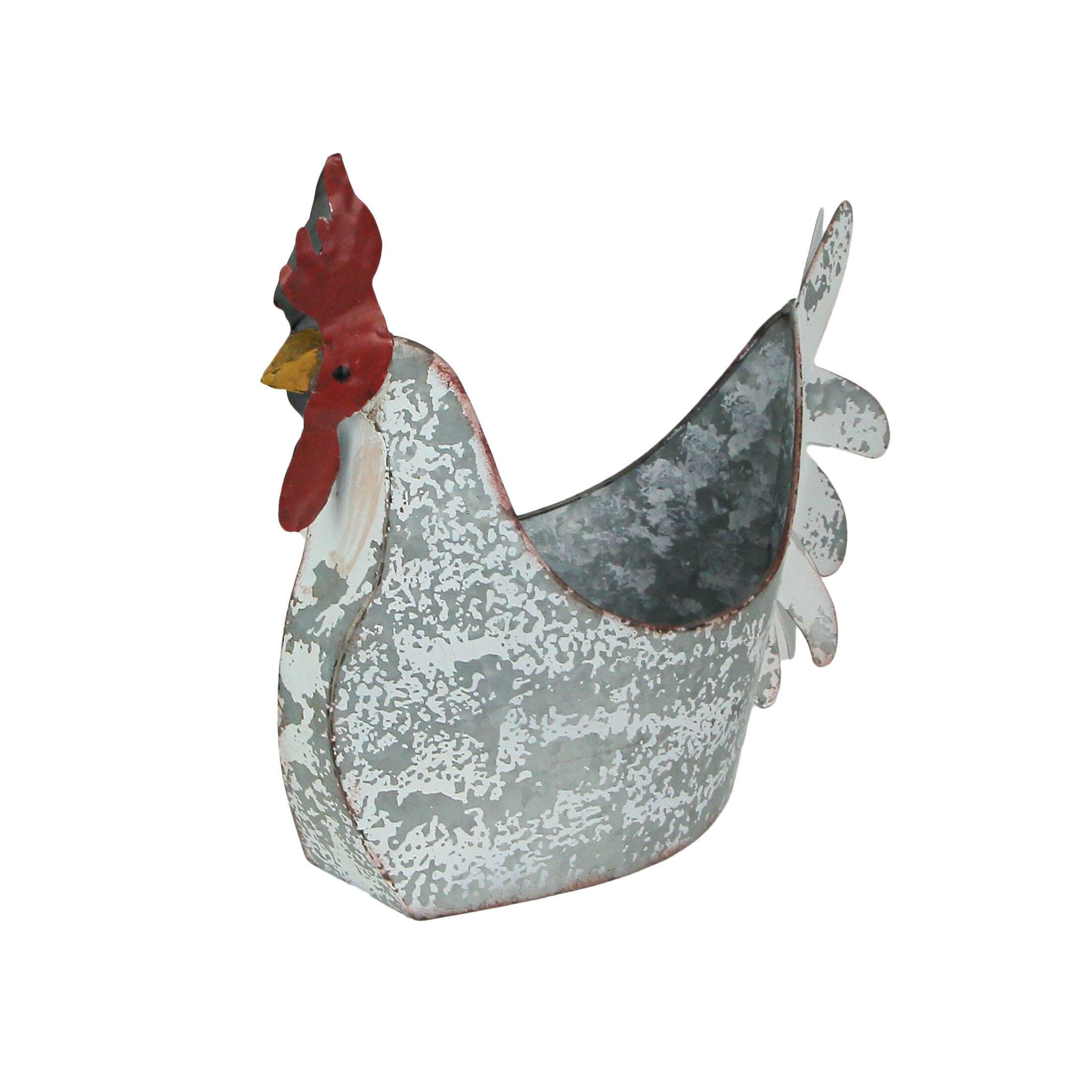 Alt View 1. Zeckos - Weathered White Galvanized Metal Rooster Planter - Farmhouse Garden Decor - Silver.