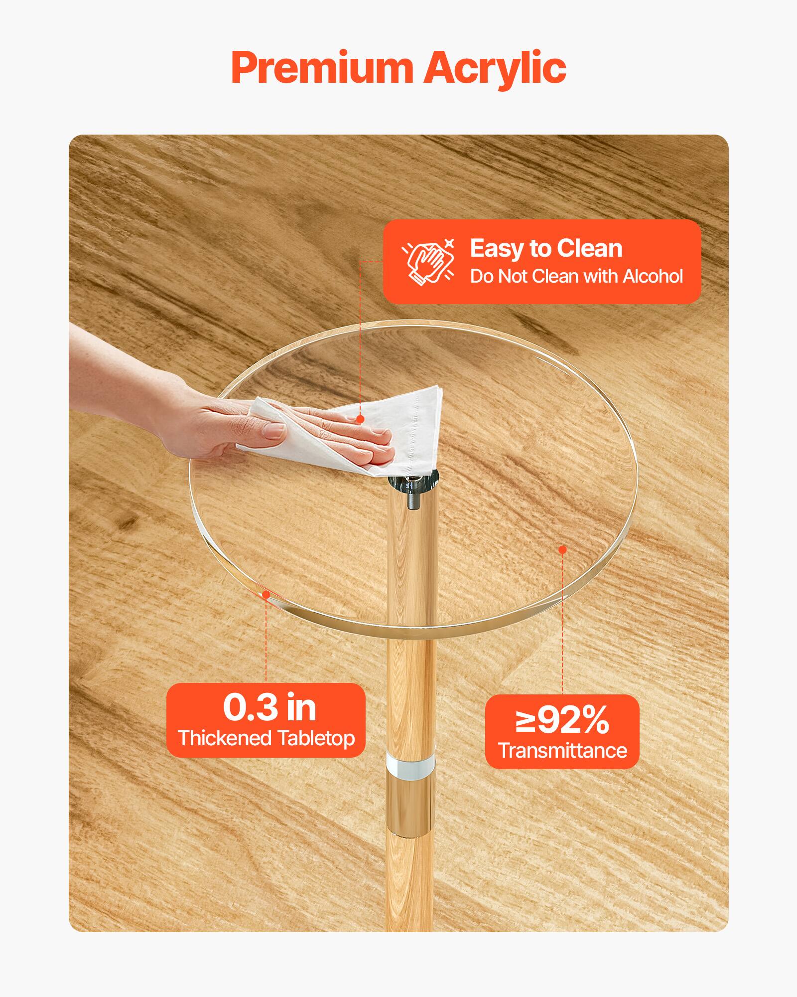 Premium Acrylic  
Easy to Clean  
Do Not Clean with Alcohol  
0.3 in Thickened Tabletop  
≥92% Transmittance