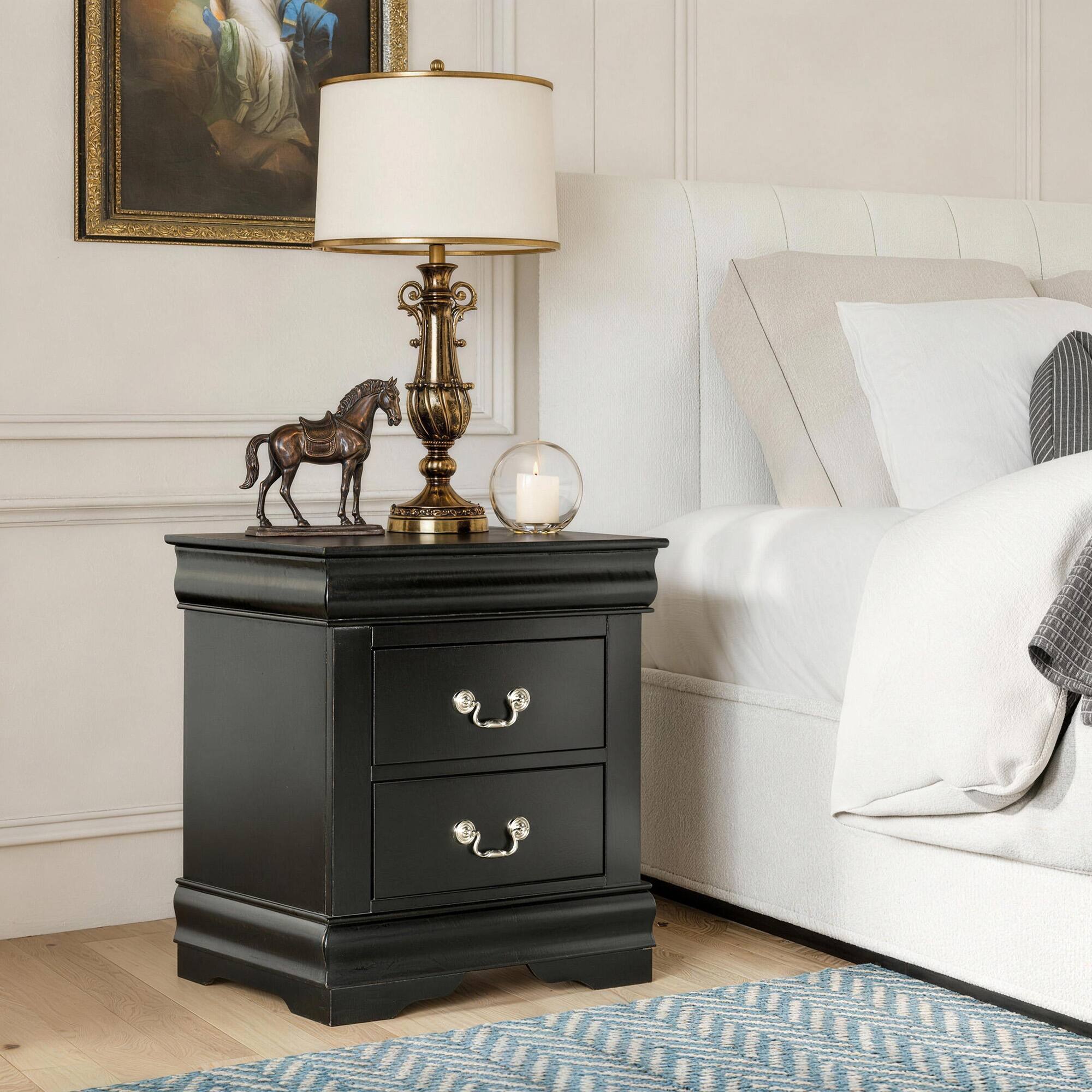Angle. Anysun - Anysun Transitional Antique Elegant Style 2-Drawer Nightstand with Solid Wood Legs and Smooth Glides - Black.