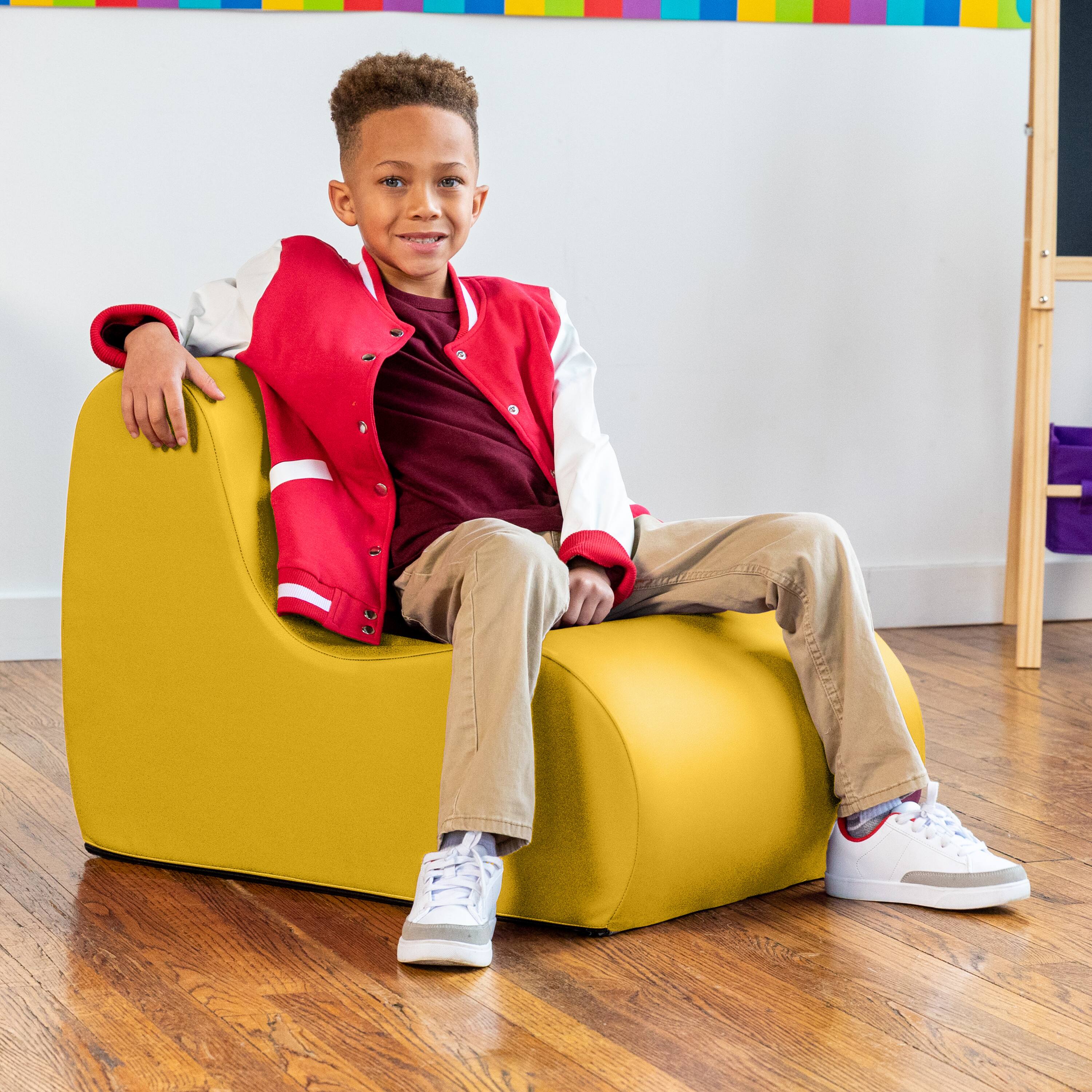 Left. Jaxx - Jaxx Midtown Small Classroom Soft Foam Chair - Premium Vinyl Cover, Yellow - Yellow.