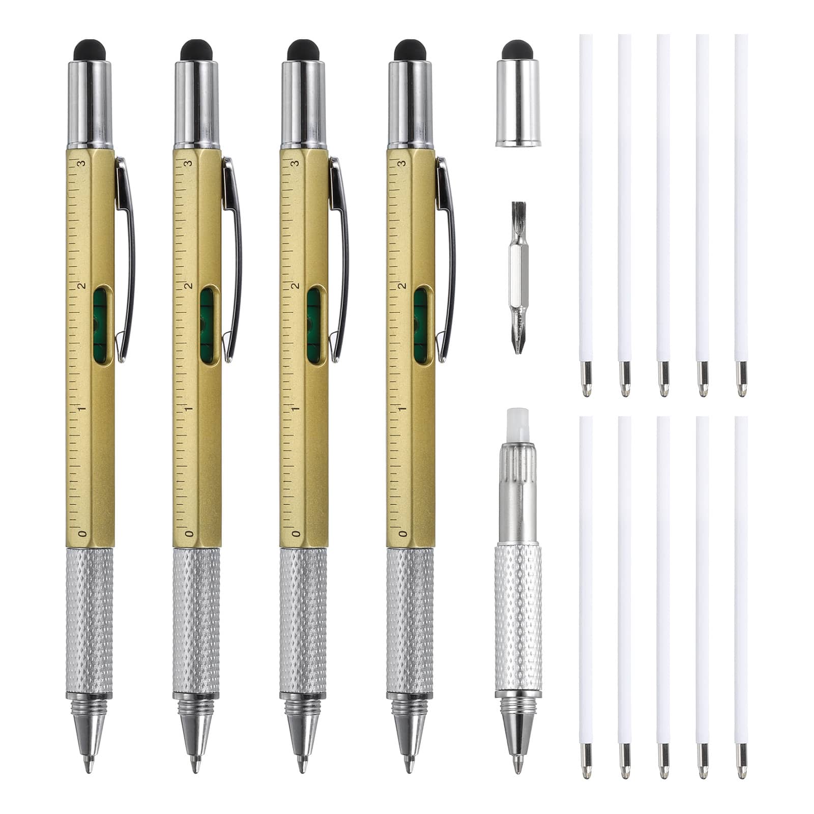 Unique Bargains - 4pcs 6 in 1 Multitool Tech Tool Pen with Ballpoint Pen, Ruler, Screwdriver, Stylus, Level Gauge, Refills for Birthday - Gold price history on PriceWatchPro