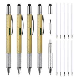 Unique Bargains - 4pcs 6 in 1 Multitool Tech Tool Pen with Ballpoint Pen, Ruler, Screwdriver, Stylus, Level Gauge, Refills for Birthday - Gold