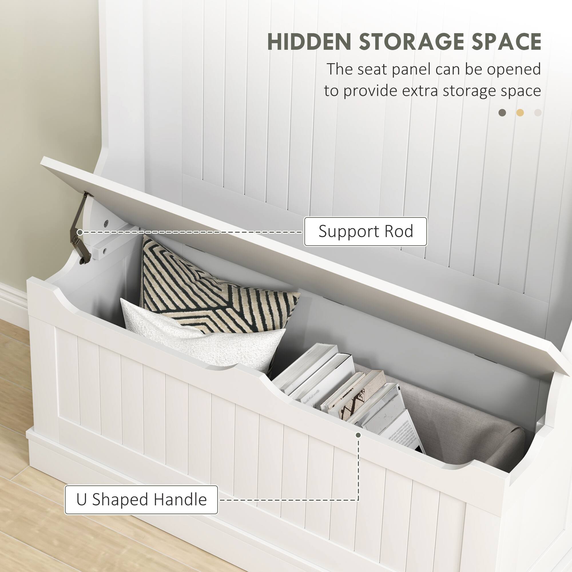 HIDDEN STORAGE SPACE
The seat panel can be opened to provide extra storage space
Support Rod
U Shaped Handle