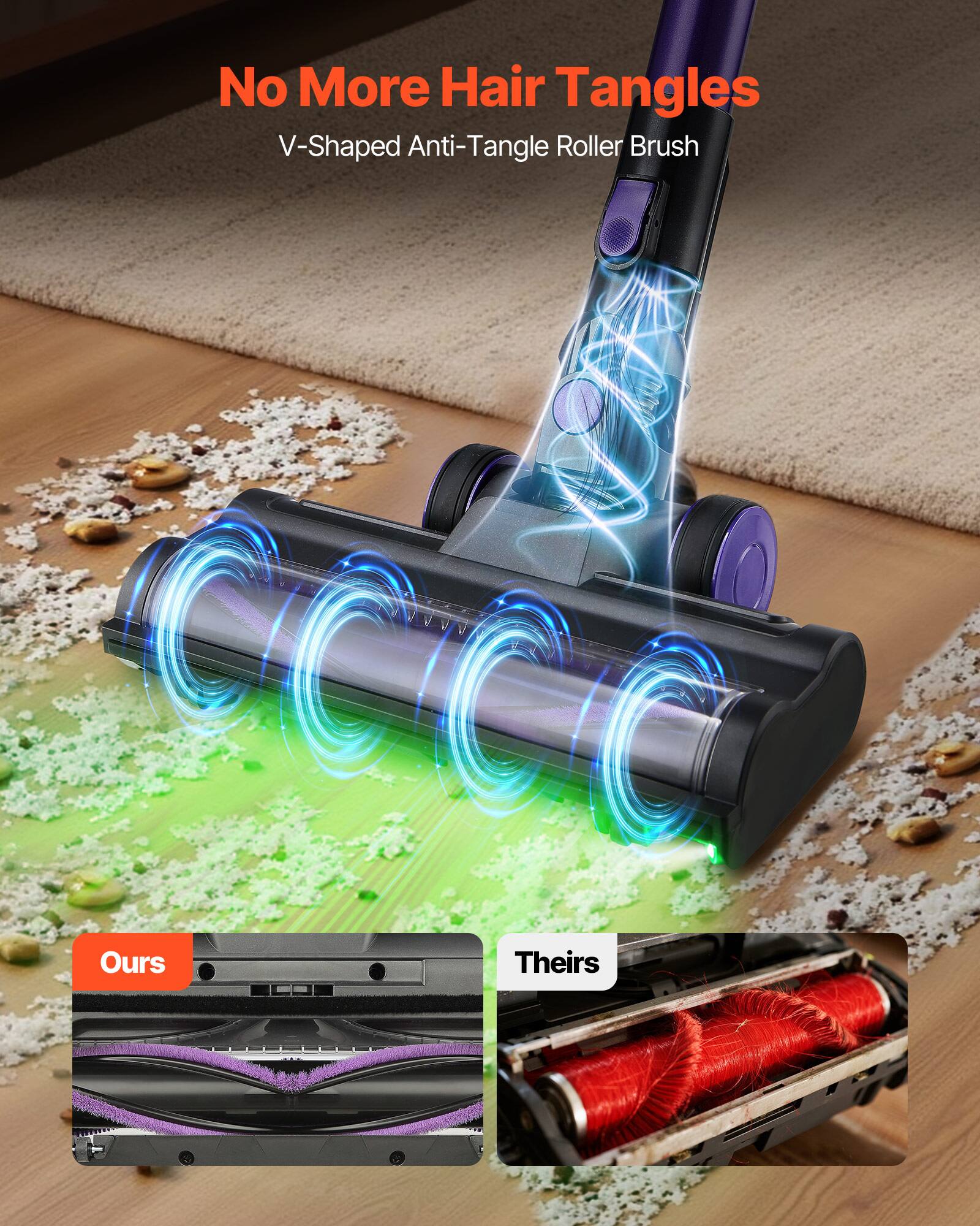 No More Hair Tangles  
V-Shaped Anti-Tangle Roller Brush  

Ours  
Theirs