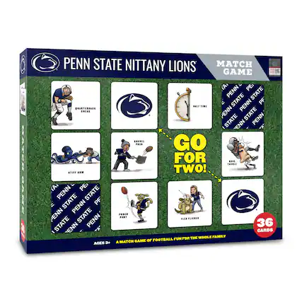 Penn State Nittany Lions Match Game
- Quarterback Sneak
- Stiff Arm
- Shovel Pass
- Half Time
- Pouch Punt
- Flea Flicker
- Nose Tackle
Go for Two!
36 Cards
Ages 3+
A match game of football fun for the whole family