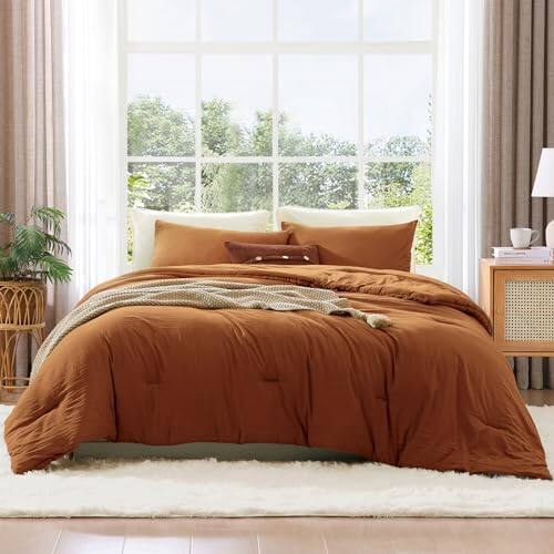 Front. Cedar Assembly - Comforter Sets 3 Pieces Prewashed Soft Lightweight For All Seasons Fluffy Down Alternative With 2 Pillow - Burnt Orange-Full(80"*90").