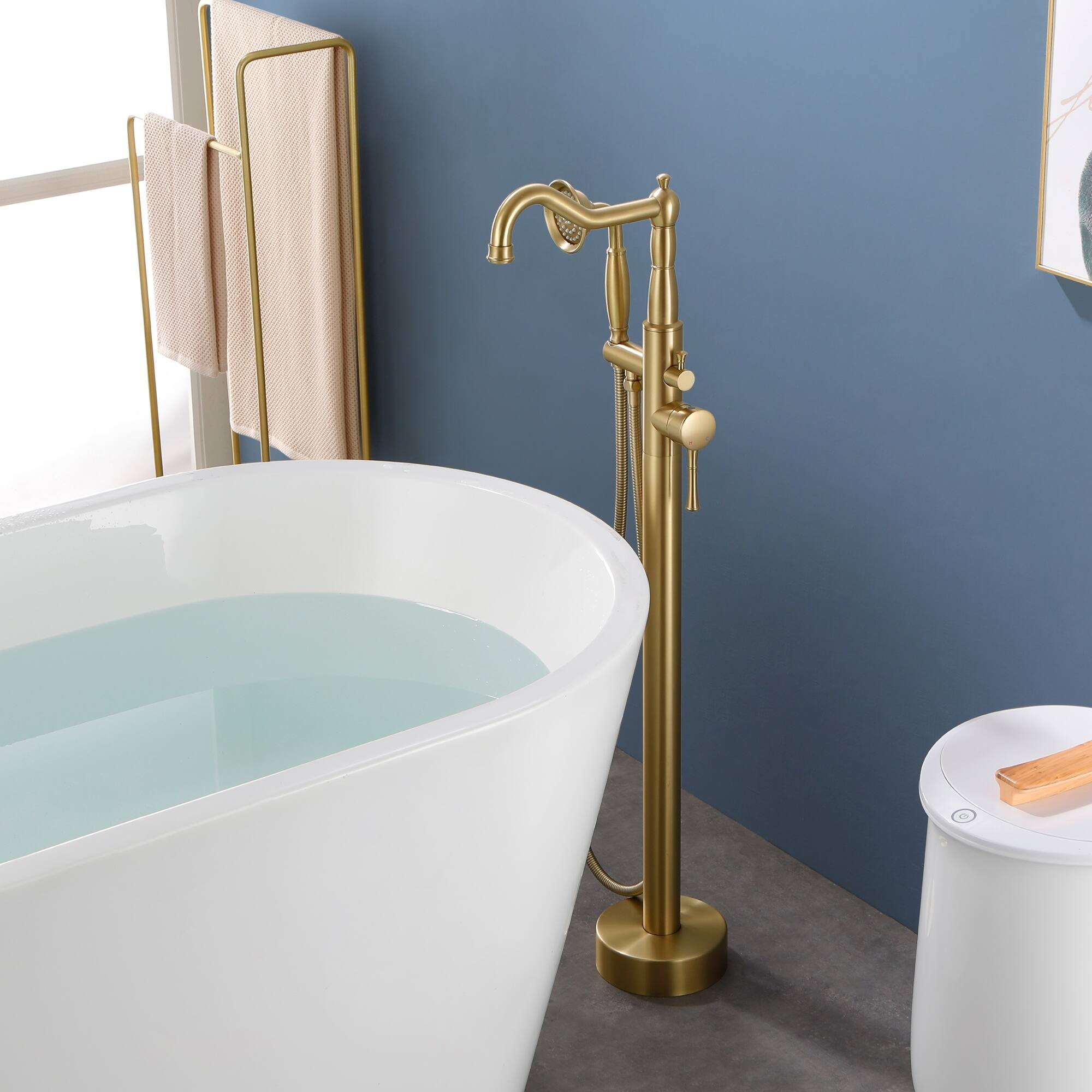 Alt View 1. Boyel Living - Brushed Gold Freestanding Tub Faucet Solid Brass 4.3GPM Spout 1.8GPM Handheld 360° Swivel cUPC - Brushed Gold.