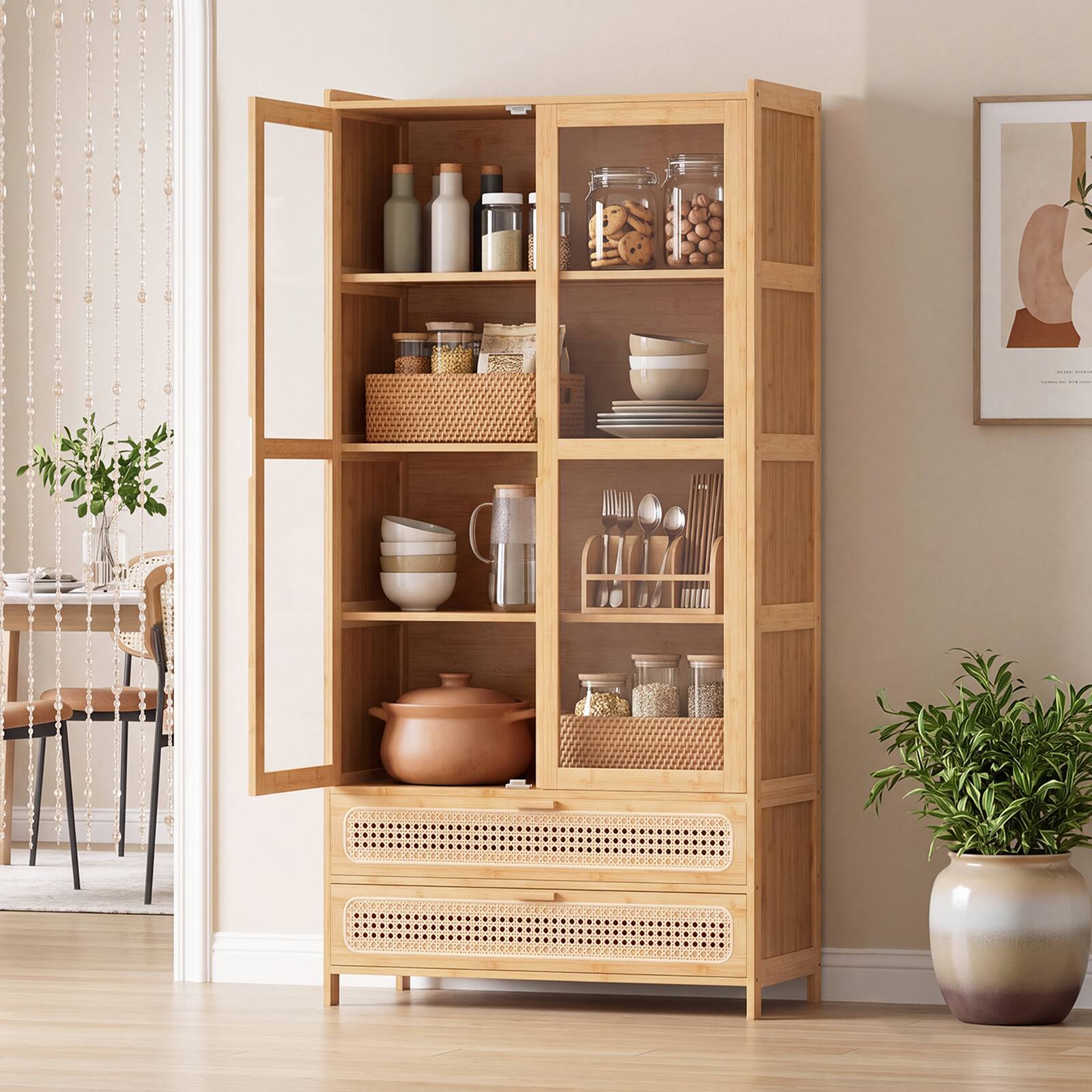 Alt View 1. Costway - Costway 54.5" Bamboo Bookshelf with 2 Acrylic Doors, 4 Shelves & 2 Drawers for Living Room - Natural.