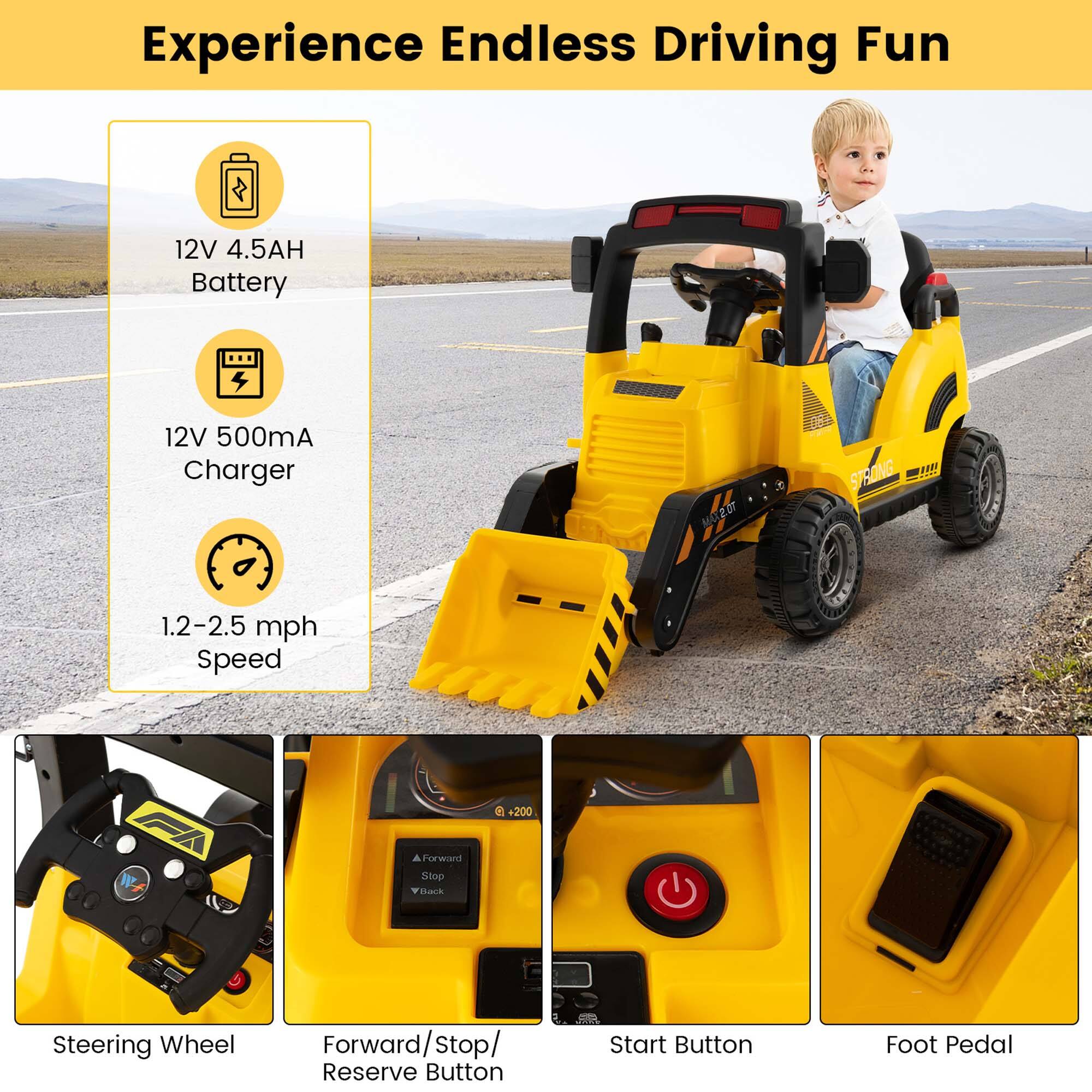 Experience Endless Driving Fun

- 12V 4.5AH Battery
- 12V 500mA Charger
- 1.2-2.5 mph Speed

Steering Wheel
Forward/Stop/Reserve Button
Start Button
Foot Pedal