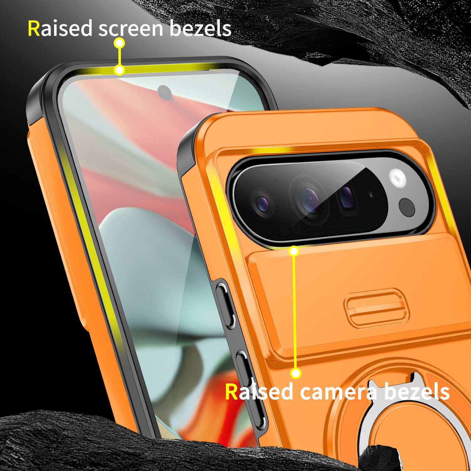 Raised screen bezels  
Raised camera bezels