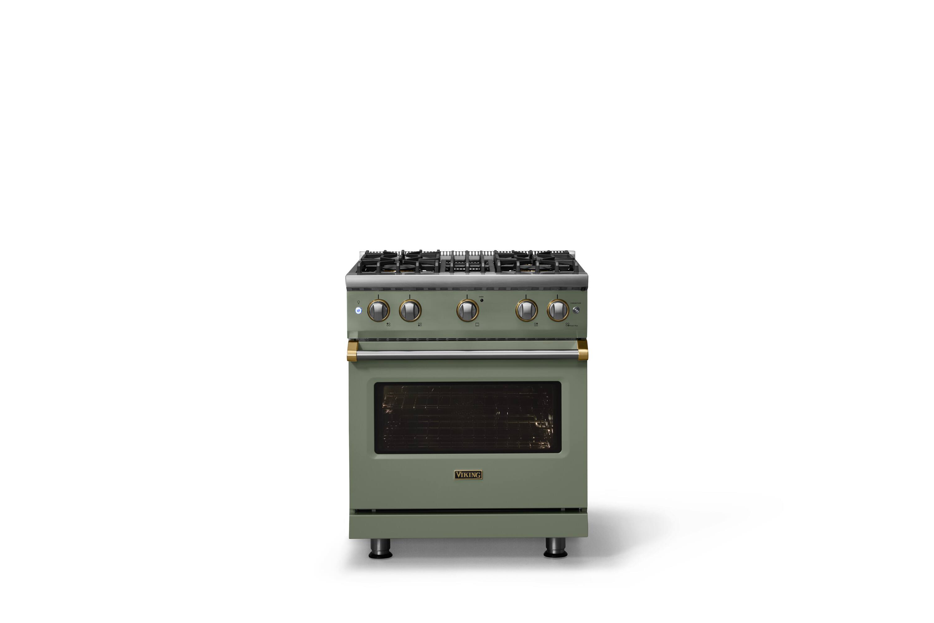Alt View 1. Viking - 30 in. Wide Pro 5 Series 4.0 Cu. Ft. Freestanding Sealed 4 Burner Gas Convection Range - Eucalyptus/Brushed Brass - Eucalyptus.