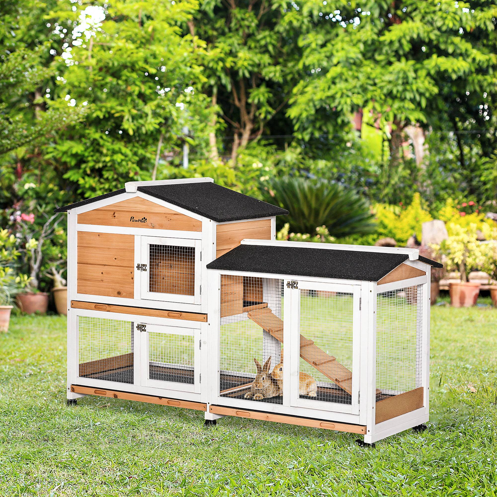 Angle. Pawhut - 62" Rabbit Hutch, Animal Enclosure with Wheels, Run Area, Removable Tray, Asphalt Roof, Lockable Doors, Ramp.