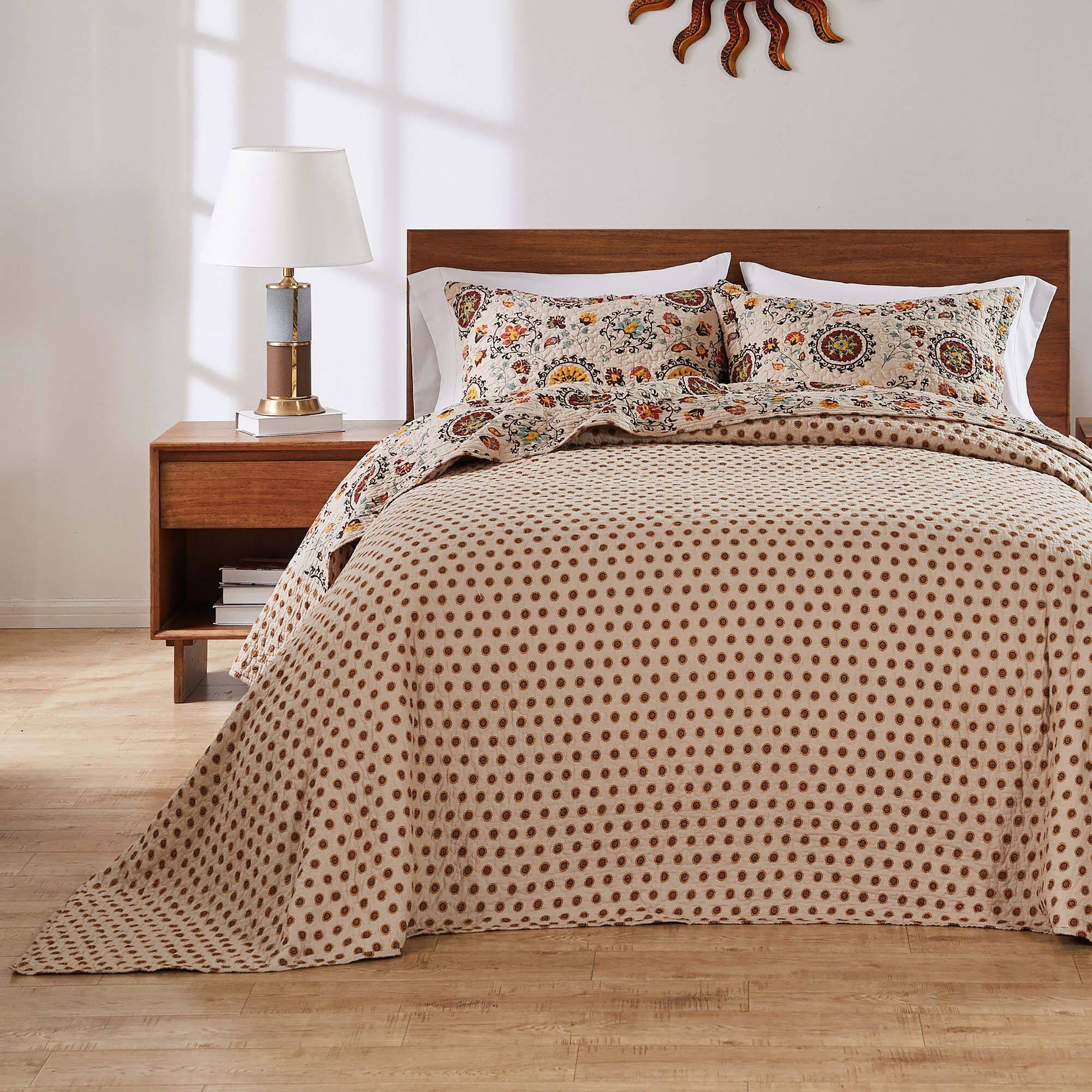 Alt View 2. Greenland Home Fashions - Greenland Home Fashions Andorra Cotton Traditional Bedspread Set - Jumbo Sized Reversible Quilt Set 3-Piece Queen Taupe - Multicolor.