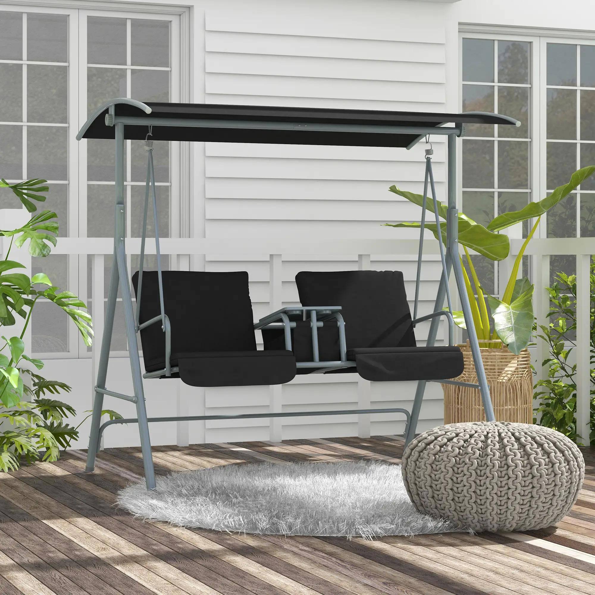 Left. Resenkos - Resenkos 2-Seater Swing With Canopy & Table, Patio Garden Swing, Poolside Backyard Relaxation, Black.
