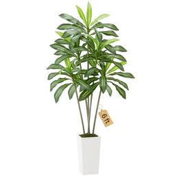 VEVOR - Artificial Dracaena Tree 6 ft, Fake Palm Tropical Plants with White Tall Planter, Faux Floor Silk Plant in Pot - Green