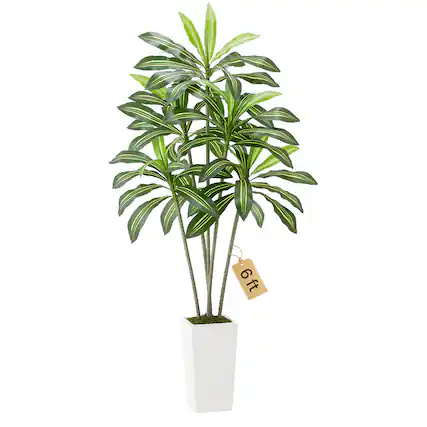 Front. VEVOR - Artificial Dracaena Tree 6 ft, Fake Palm Tropical Plants with White Tall Planter, Faux Floor Silk Plant in Pot - green.
