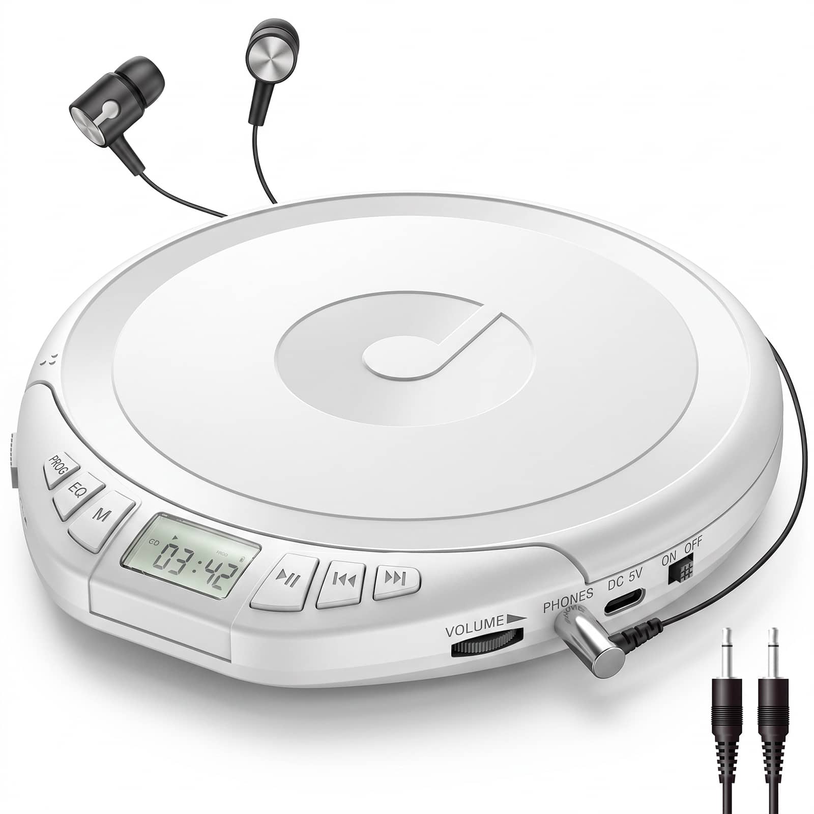 gueray - CD Player Portable with Earphones, CD Discman AUX Cable for Car HomePersonal Discman CD player - White