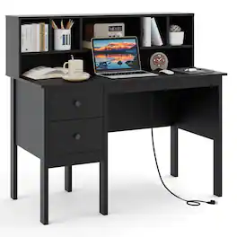 Costway - 48" Computer Desk with Power Outlets Type-C 5-Cubby Hutch & 2 Storage Drawers - Black