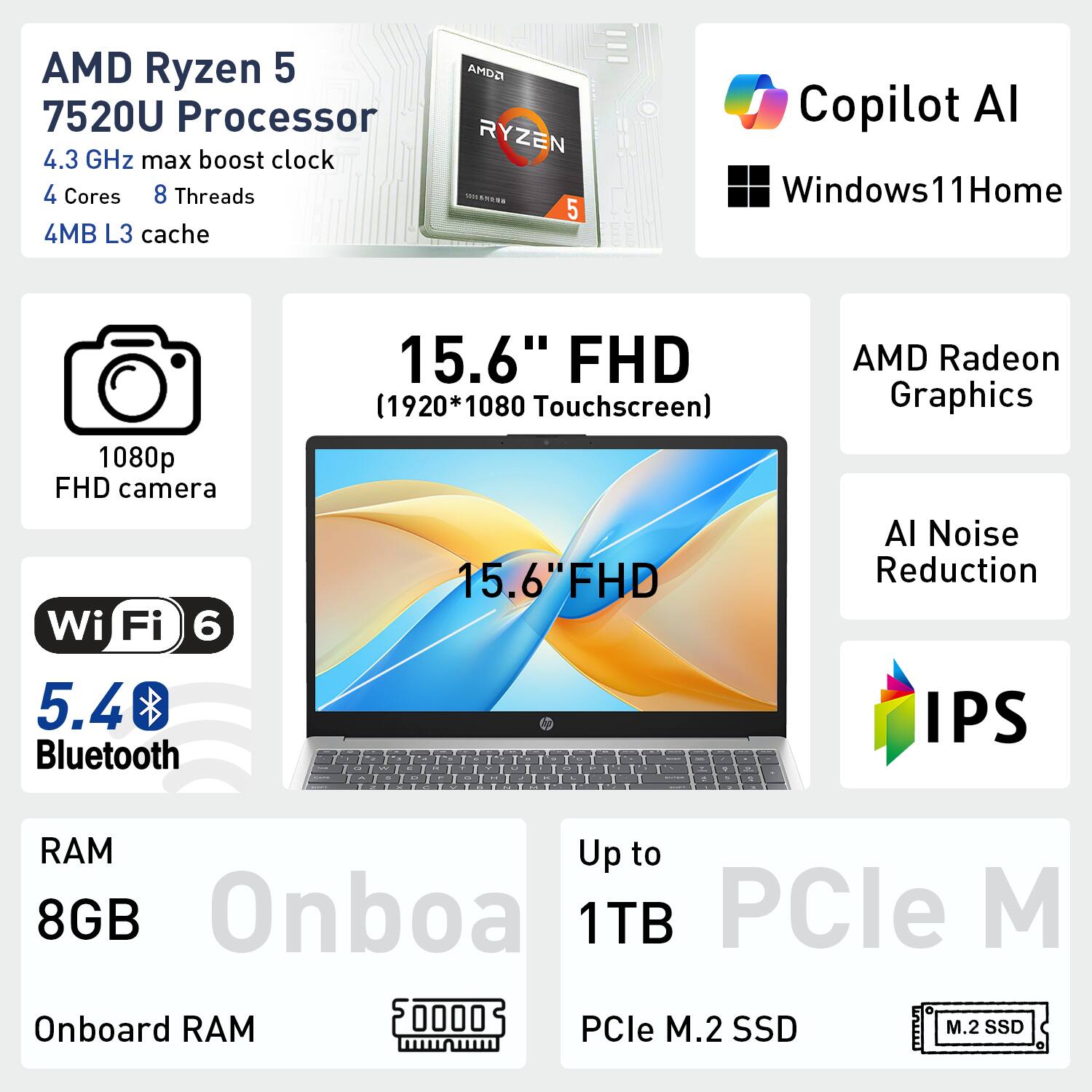 AMD Ryzen 5 7520U Processor  
4.3 GHz max boost clock  
4 Cores  
8 Threads  
4MB L3 cache  

GOMA RYZEN 5S  
5 Copilot AI  
Windows 11 Home  

1080p FHD camera  
Wi-Fi 6  
5.4 Bluetooth  

15.6" FHD (1920*1080 Touchscreen)  

AMD Radeon Graphics  
AI Noise Reduction  
IPS  

Up to 8GB Onboard RAM  
1TB PCIe M.2 SSD
